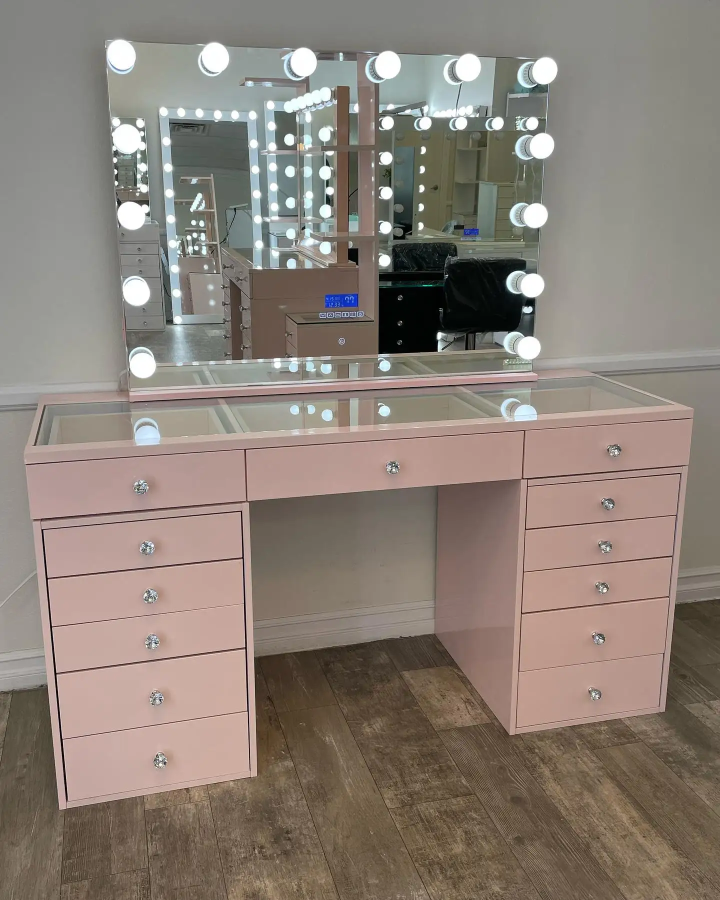 Hot sale large hollywood makeup mirror with LED lights sensor touch tempered glass top makeup table