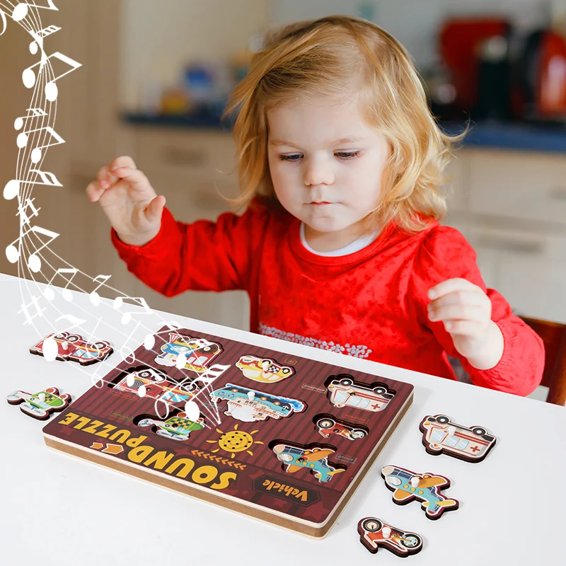 Wooden Cartoon Animal Vehicle Instrument Make Sound 3D Jigsaw Puzzle Board Baby Early Educational Child Toys For Kids Boys Girls
