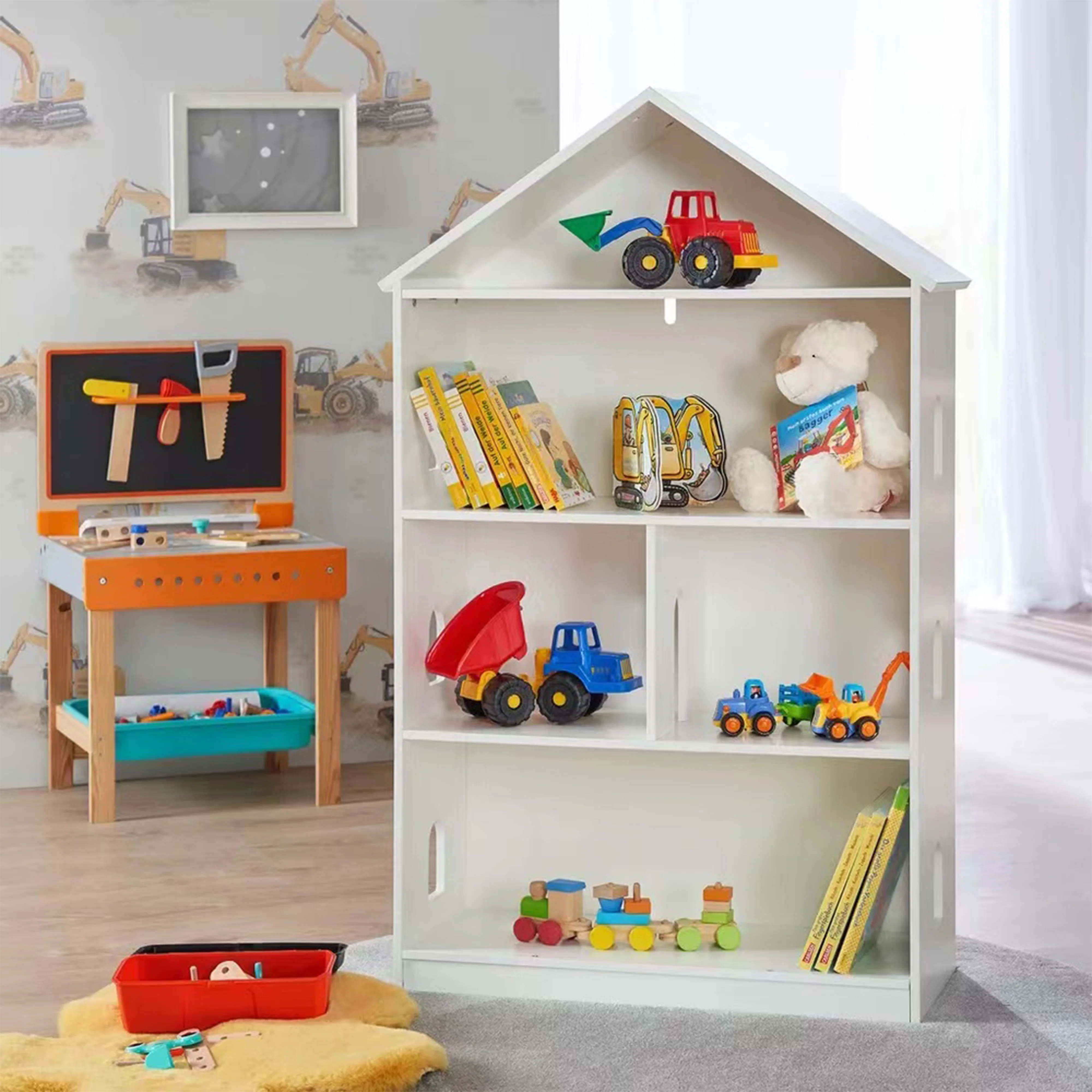 Kids Wooden House Book Shelf Bookcase Storage Rack Display Shelving Unit Wood Children Books Games Toys Baby Furniture