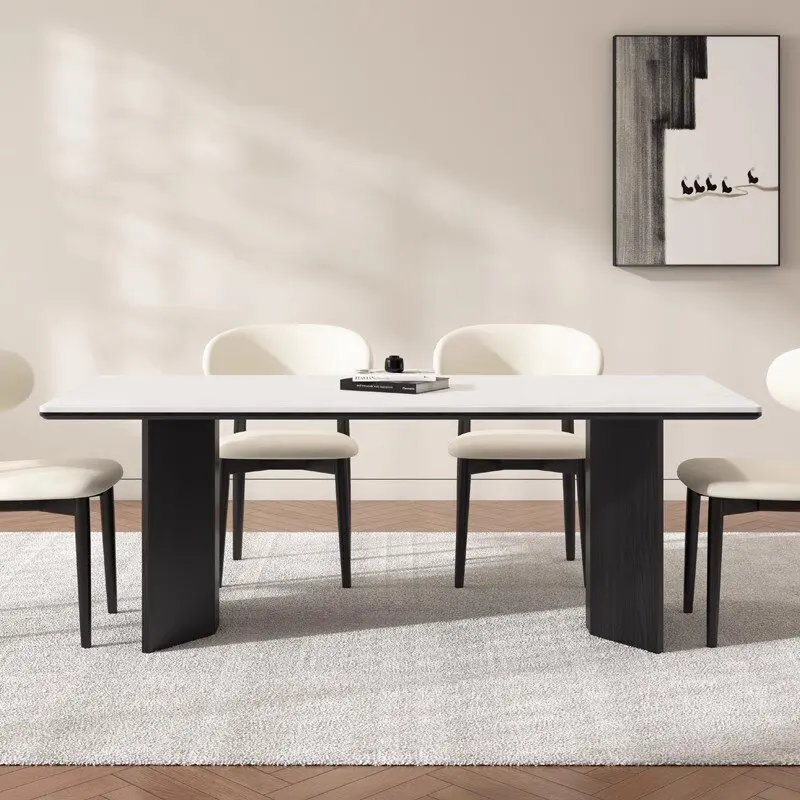 Synthetic marble top dining room furniture six ten eight chairs modern rectangle  2 stable pedestals slate dinner tables