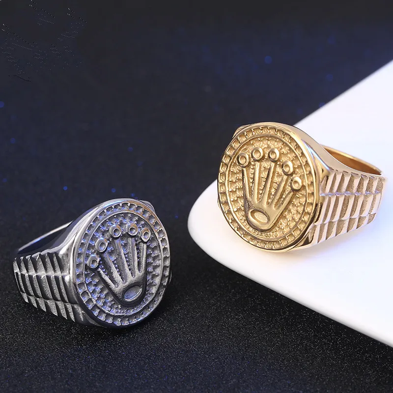 DAICY Simple Fashion Carving 18k Gold Plated Man Punk Stainless Steel Crown Rings