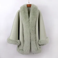 100% Cashmere Women Wool Knitted Poncho Women Winter Real Fox Fur Shawl