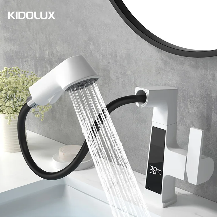 Kidolux Basin Faucet Pull Out Basin Mixer Digital Display Led Basin Faucet 360 Rotation Mult Bathroom Faucet Hot And Cold