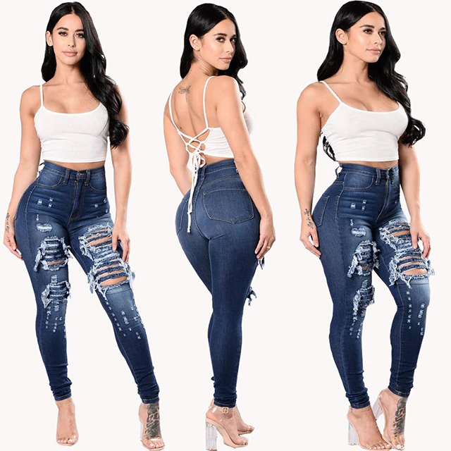  fashionThe new Bare legs skinny jeans blue High waist elasticity custom Slim