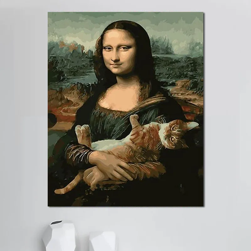 Famous Mona Lisa Smile Hold Cat Painting By Numbers Leonardo da Vinci Oil Painting Peproduction Paint With Numbers