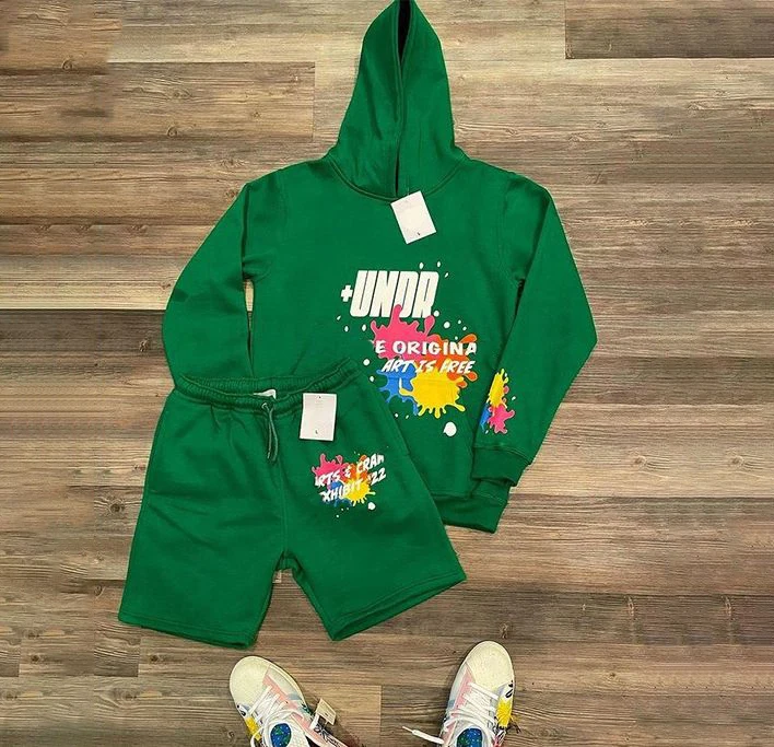 spring short sets streetwear tracksuit custom logo puff print sweatsuit Hoodies and shorts set men