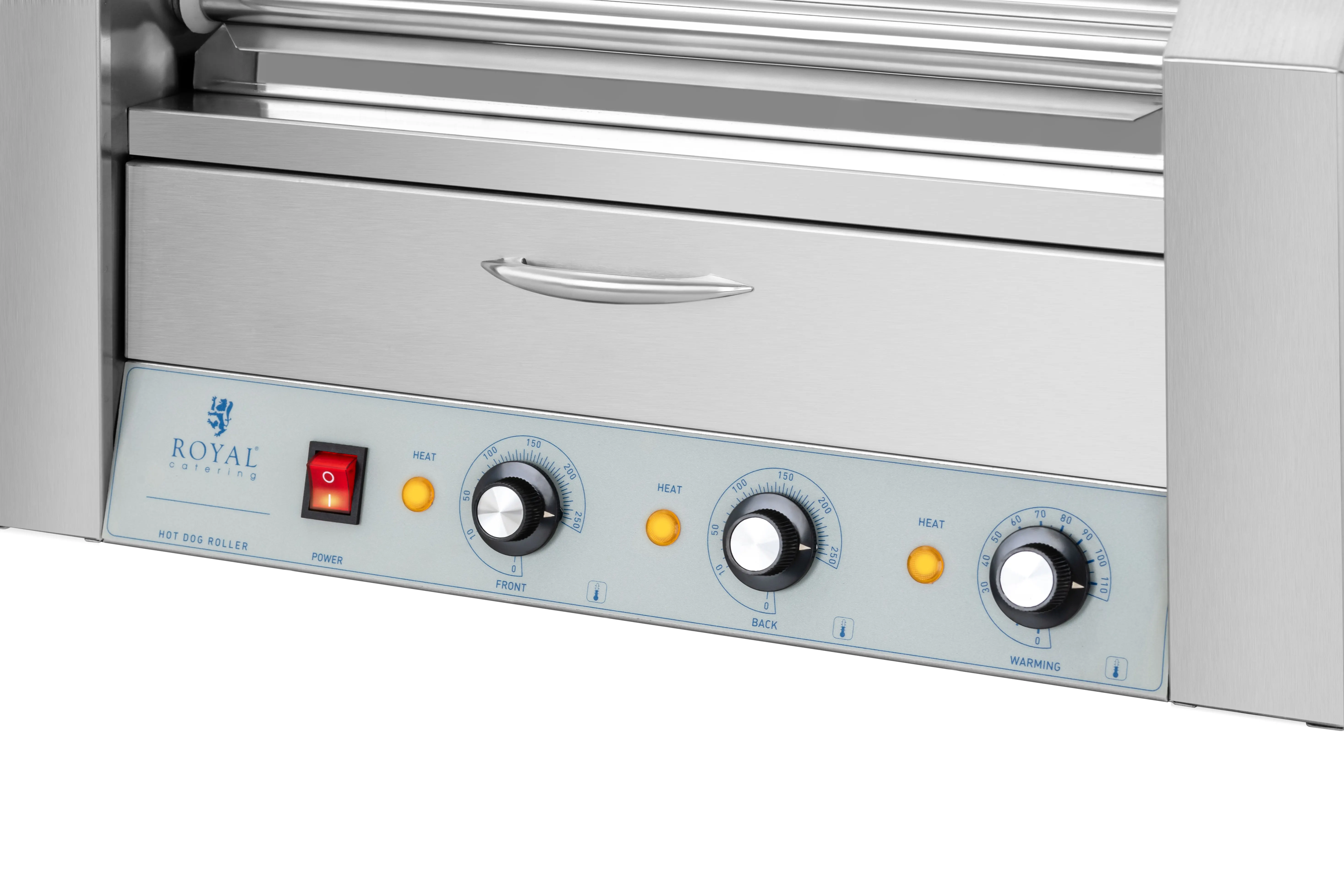 German Quality Standards CE Certified Market Leading Price Stainless Steel 5 Rollers with Warming Drawer Hot Dog Grill