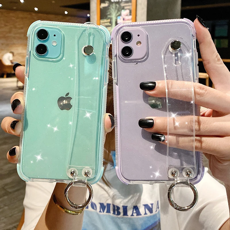Блестящий чехол для телефона с порошковым держателем для iPhone 13Pro 12 X XR XS Max 7 8 Plus, прозрачный мягкий ударопрочный чехол из ТПУ с ремешком на запястье