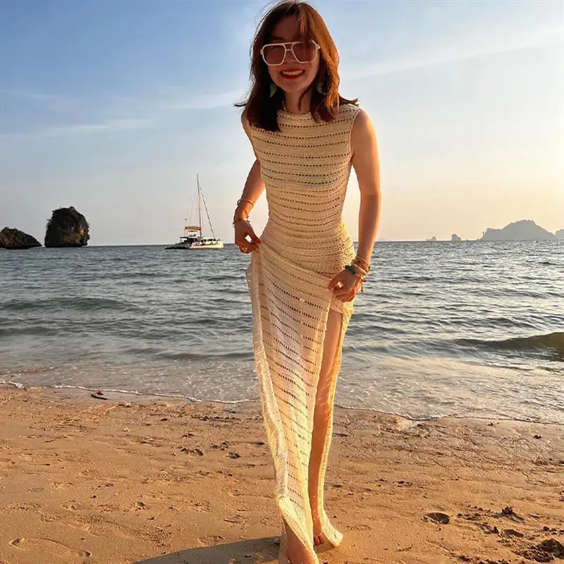 Famaker Knit Hollow Out Sexy Backless Beach Maxi Dress Women Summer Holiday Sleeveless Elegant Long Dresses