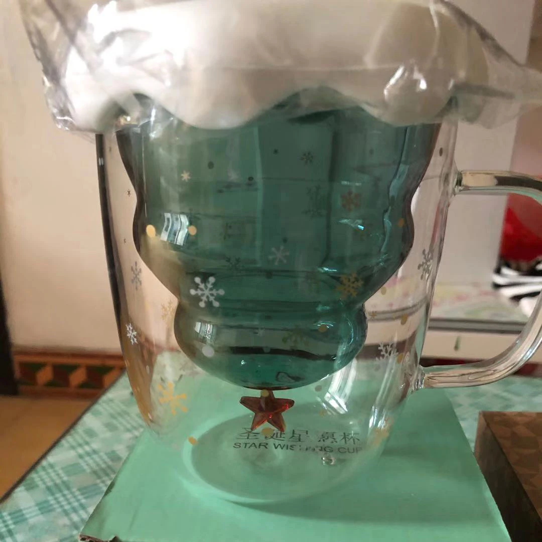 Christmas Gifts High Borosilicate Glass Christmas Tree Shaped Double Layer Glass Cup With Lid and Handle Beverage Milk Use