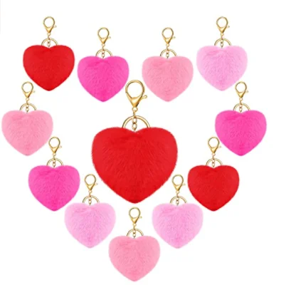 Heart Shaped Pompoms keychain Keyring  bulk Fluffy Car Bag Charm for Valentine Day Decoration