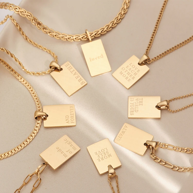 18k Gold Stainless Steel Jewelry Inspirational Friendship Memorial Love Letter Rectangle Square Pendant Necklace for women