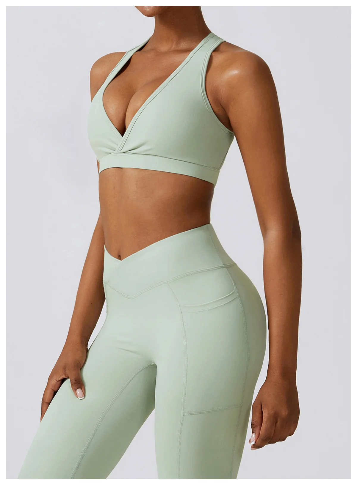 Open Back Hollow Sports Bra Crop Workout High Waist Compression Tights Yoga Pants Leggings with pockets Gym Fitness Set Women