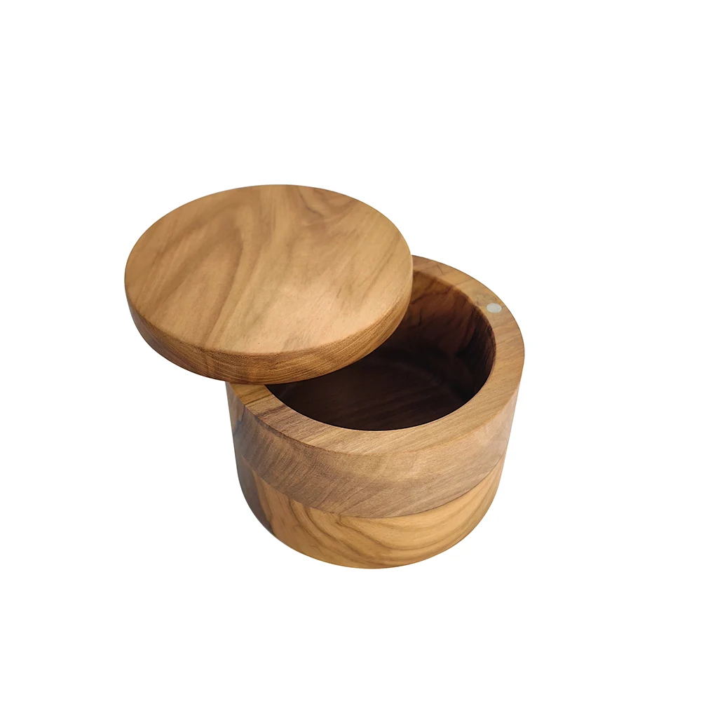 Natural House Luxury Round Olive Wood Spice Pepper Container Salt Box Cellar with Swivel Lid