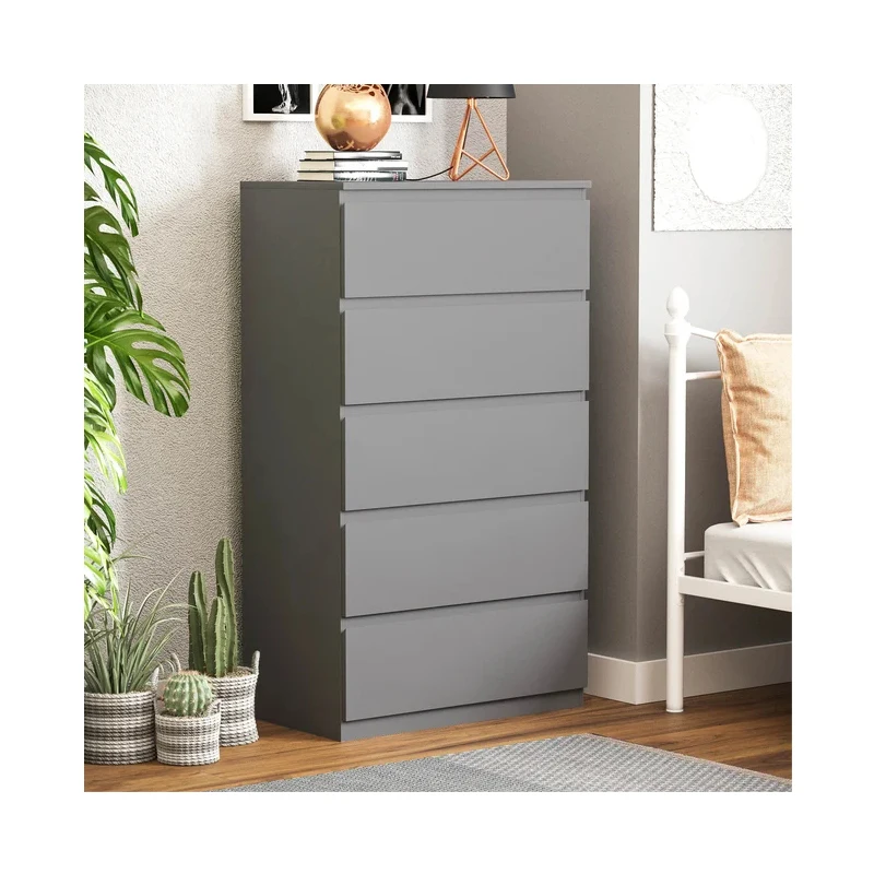 Custom grey handle-free wooden chest of drawers bedroom chest of drawers with five drawers