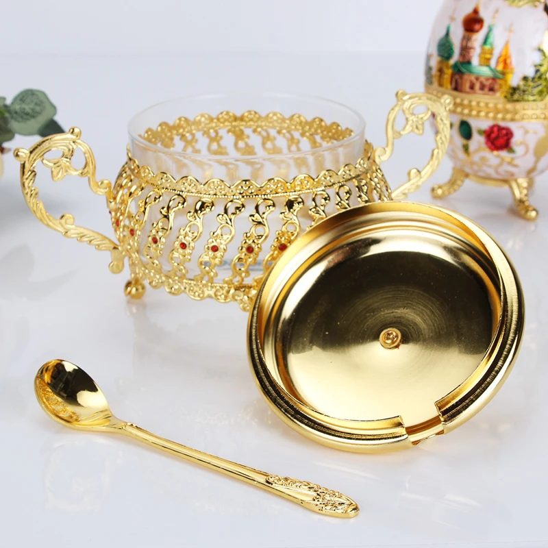 
2020 decorative gold 3pcs sugar bowl spice pot with spoon sugar jars 