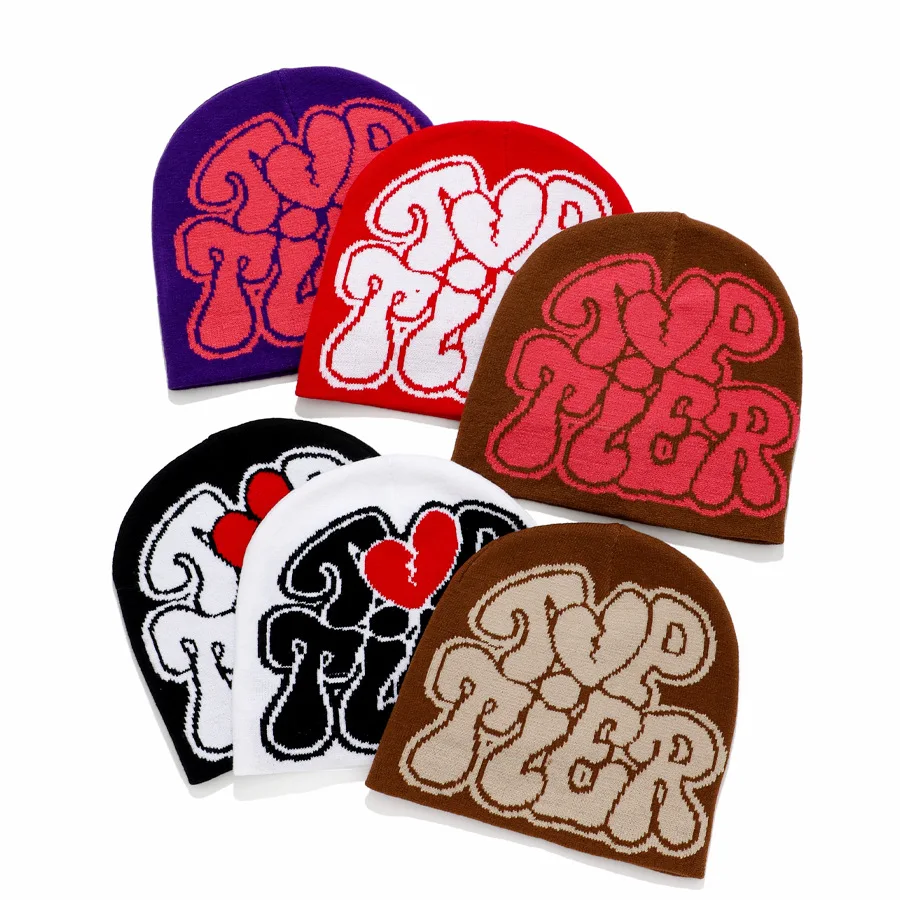 Wholesale customized letters skully beanie hat winter cold warm knitted hat no cuff elastic jacquard hat