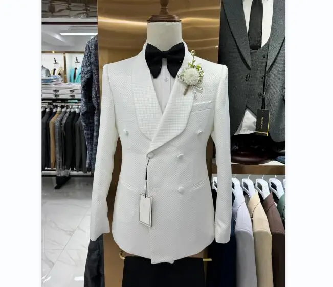 100% Real Blazers Groom Wholesale business Groomsmen Wedding/Prom/Dinner 3 pieces set Slim Fitting White Men Suits MS725