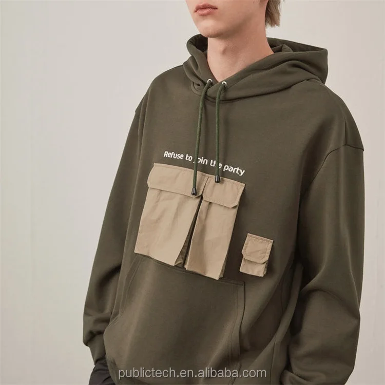 Custom 100% Cotton Draw String Kangaroo Pocket Embroidered Letter Logo Multi Pockets Cargo Color Blocked Men Hoodie