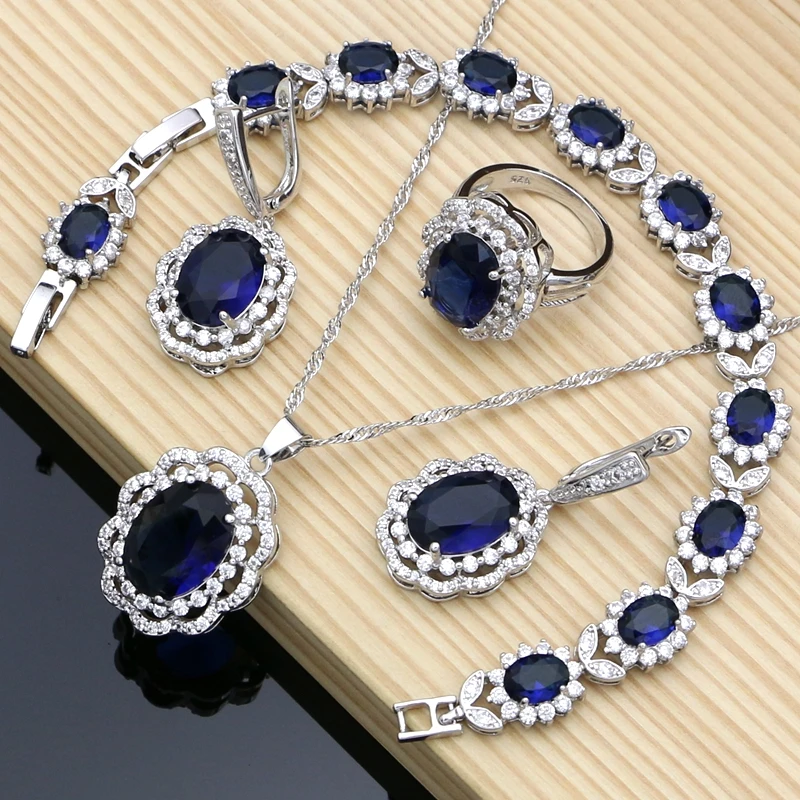 Bohemia Silver Bridal Ladies Jewelry Sets Blue Stone Costume Jewelry For Women Bracelet Set Earrings Ring