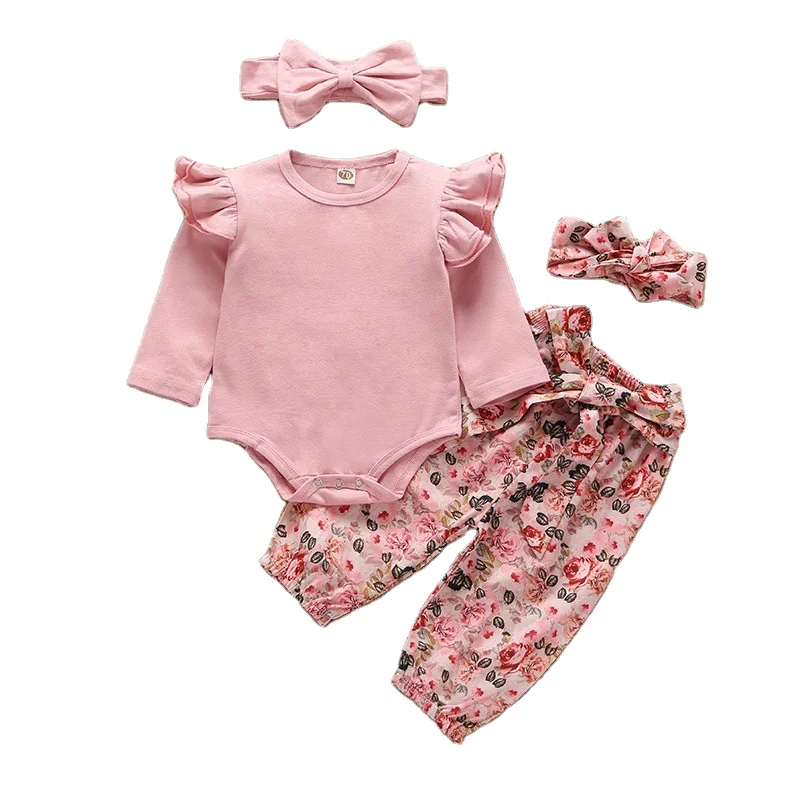 2 Free Headbands!!! Wholesale Toddler clothing baby wear, 4 pieces set baby clothes outfit baby rompers and floral bloomers