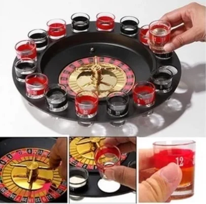 Factory Wholesale 16pcs Russian Drinking Roulette Game Tray Karaoke Party Roulette Game Glass Cup Turntable