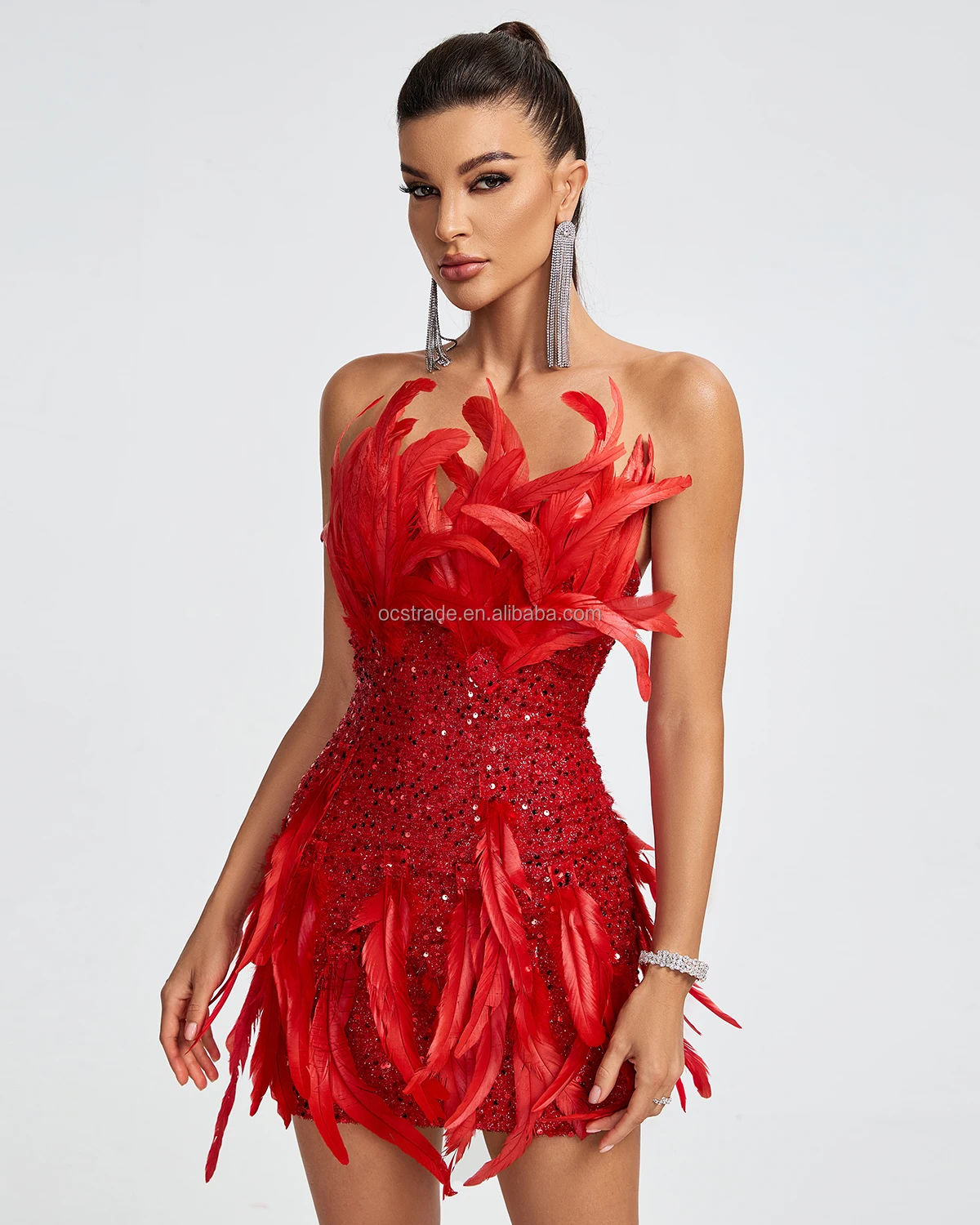 Ocstrade Trending Products Sexy Party Dresses Wear Night Club Sequin Feather Strapless Fitness Women Mini Dress Club Party