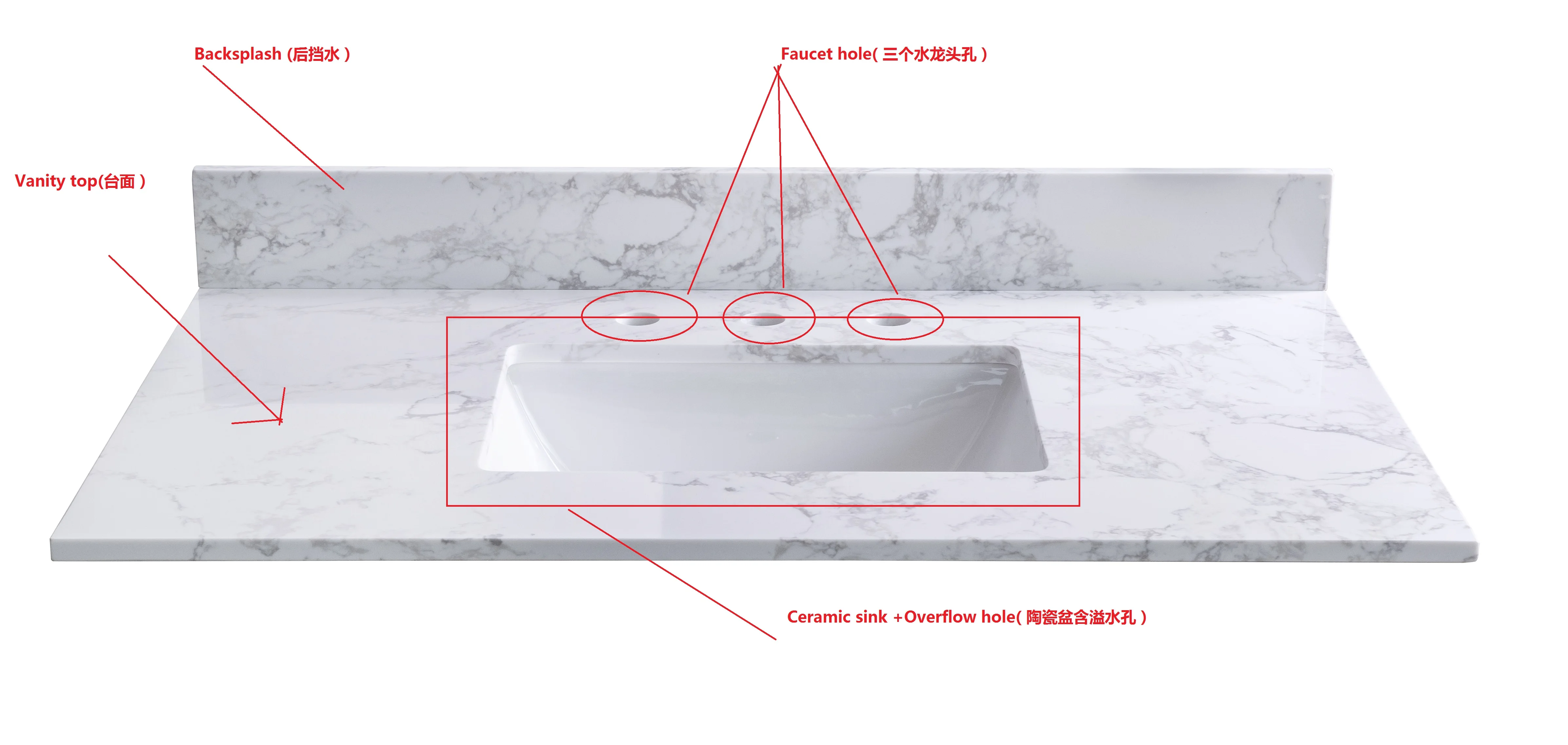 Montary overseas warehouse factory price carrara white artificial marble bathroom vanity top