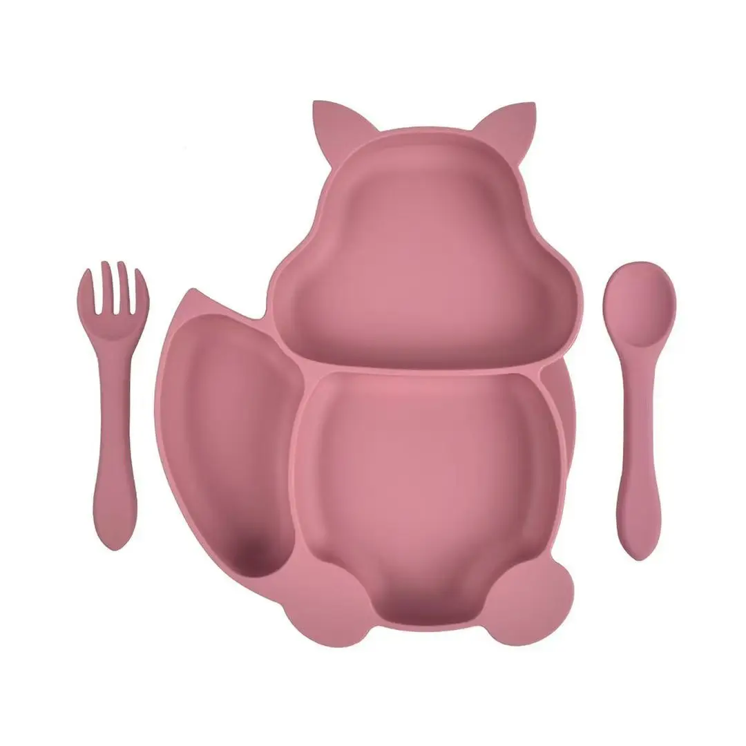 Silicone Baby  Suction Plate Sucker Animal  Plates with Forks and Spoons for Baby Feeding Products