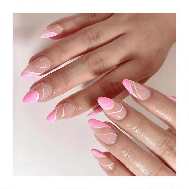 New Technology Private Label 24Pcs Chrome Long Almond False Nails Press On Designed Pink Handmade French Gel Press On Nails