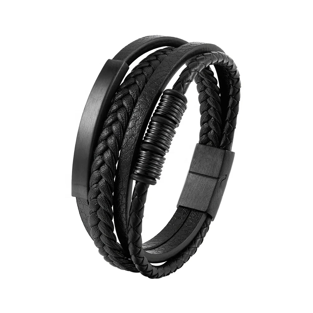 Fashion Multi Layer Woven Bracelet Gold And Black IP Plated Stainless Steel 316L Leather Bracelets For Men