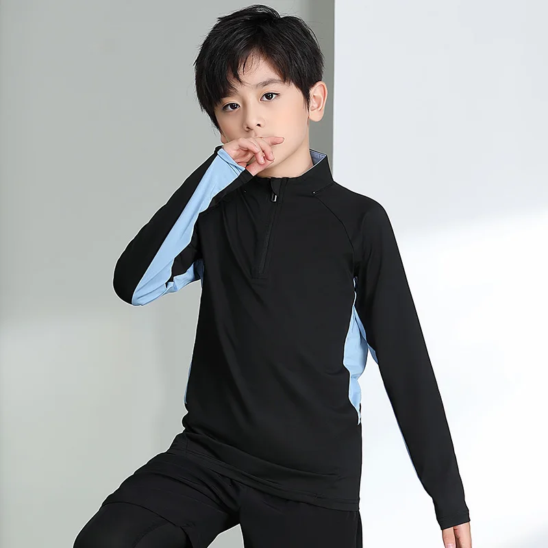 High quality color contrast basketball training quick dry fabric high elastic zipper collar sportswear for children