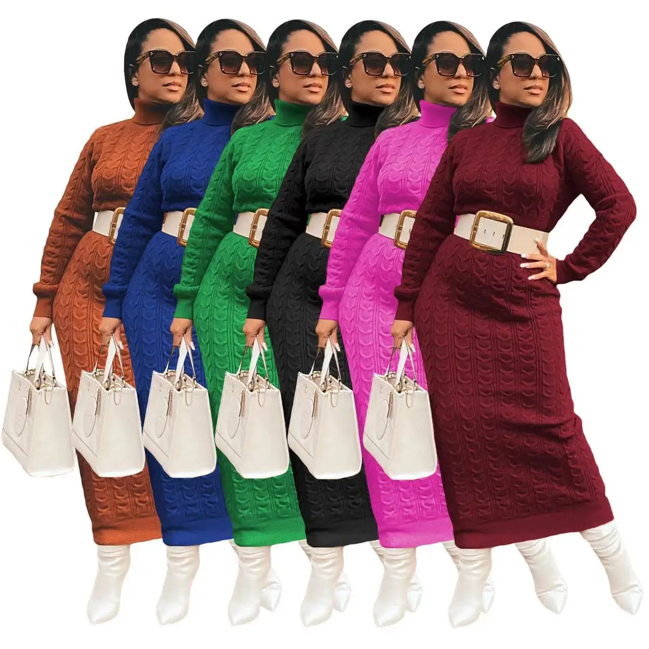 J&H 2023 winter clothes for women high neck knit long dress women thick sweater dress solid color casual dresses