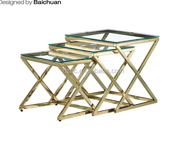 2023 modern luxury glass top with stainless steel frame nesting coffee table