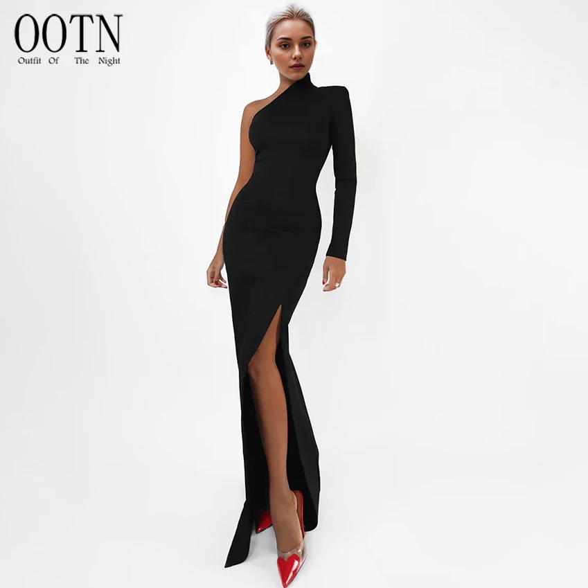 OOTN Long Elegant Dresses for Women Summer One Shoulder Maxi Dress Bodycon Sexy Black Slit Formal Wedding Evening Party Dress