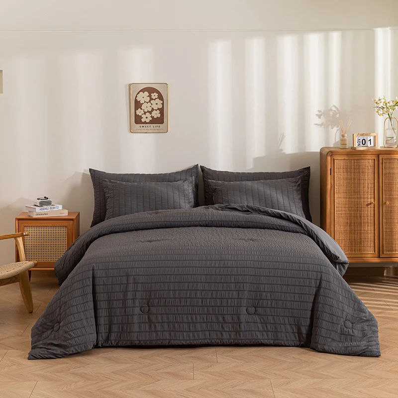 New Arrival Dark Gray Fluffy Comforter  3PCS  Winter King Thick Quilt Bed Cover Set