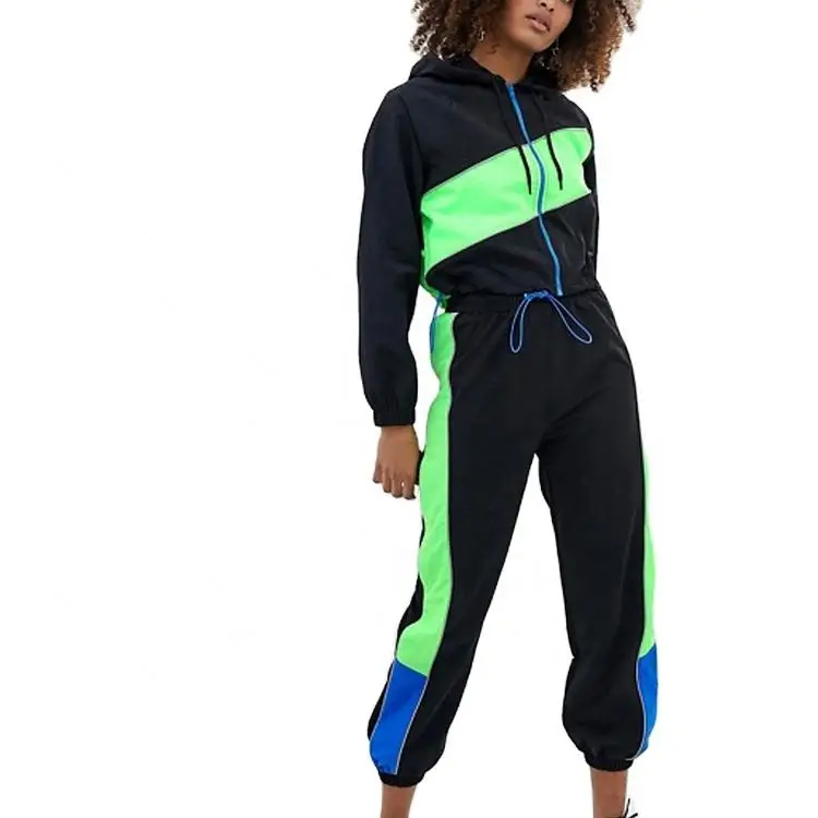 High quality fashion wholesale women 100% polyamide sportswear colour block unisex jogger tracksuit custom logo jogger suits set