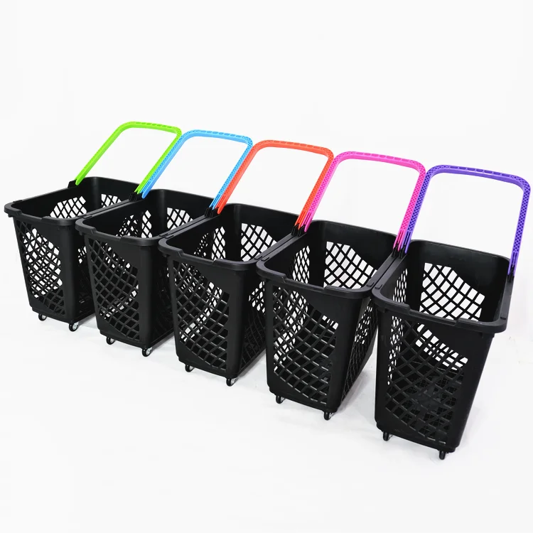 Factory price 65L supermarket rolling basket Four wheel pull basket large capacity supermarket shopping basket