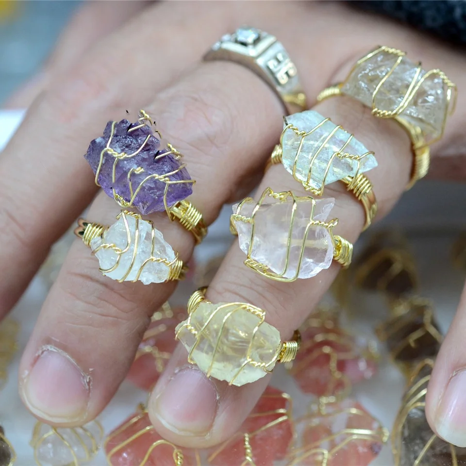 Fashion Wire Wrap Natural Rock Mineral Quartz Stone Women Rings Resizable Healing Amethysts Fluorite Purple Crystal Finger Ring