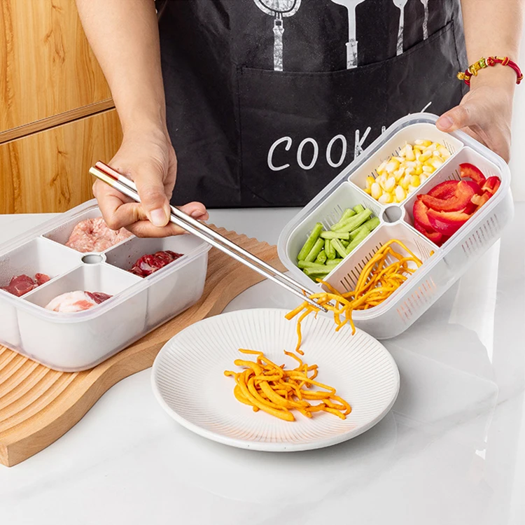 Kitchen fridge organizer microwaveable crisper drain box plastic food storage meal prep containers with removable compartments