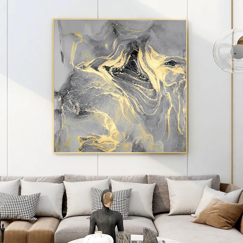 
modern large abstract gold line wall art with frame canvas print for living room 