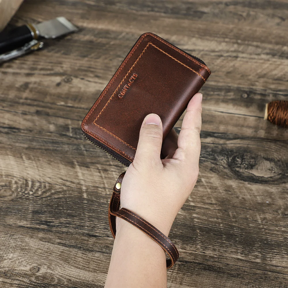 Custom Full Grain Oil Leather Multi-Functional Car Key Holder Wallet With 3 Card Slots And 1 Air tag Slot Mini Key Bag