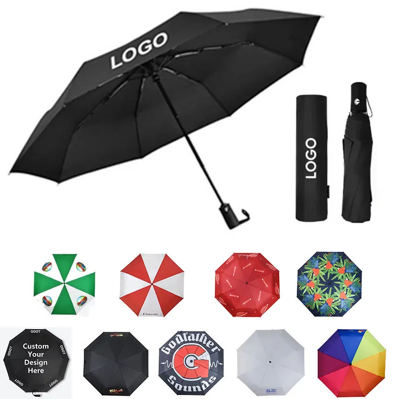 Customized foldable designer travel promotional wind proof umbrella sunshade custom with logo printing three folding umbrella
