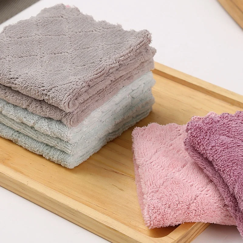 Wholesale Double Sided Microfiber Kitchen Cleaning Cloth Coral Fleece Towel Household Kitchen Rag