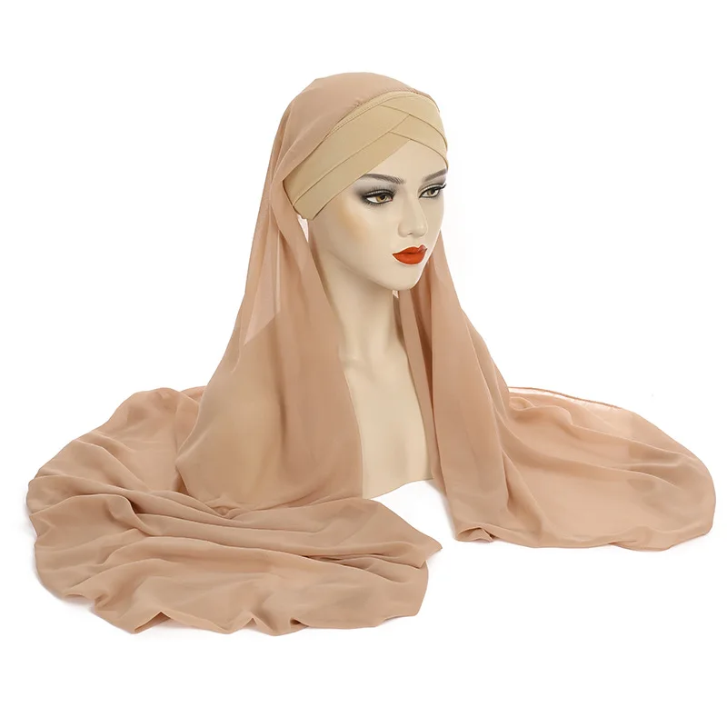 New Convenient Terylene Wrap Headscarf Four Seasons General Plain Chiffon Scarf Ladies Forehead Cross Headscarf Cap