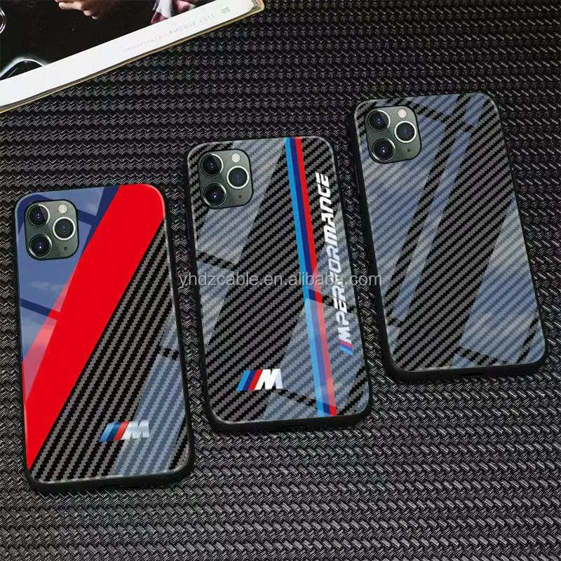 New carbon fiber texture car logo mobile phone case glass protective case for iPhone 13 pro max mobile phone case