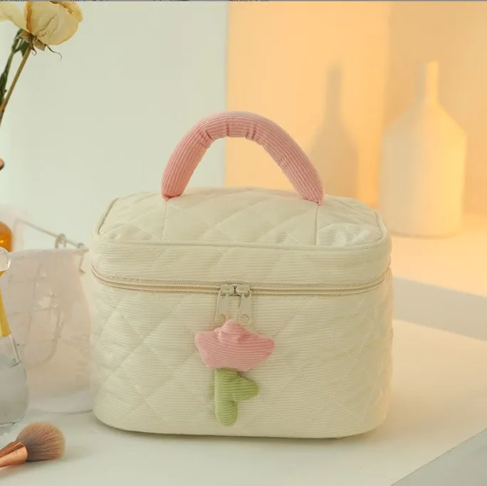 Girl cute high-value tulip cosmetic bag large capacity ins wind corduroy storage bag wash bag wholesale