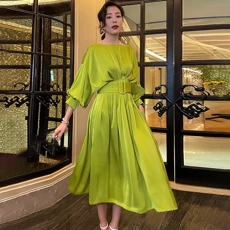 TWOTWINSTYLE Elegant Dress for Women Sashes Lace up Midi Dresses Female 2022 Fashion Clothing New Summer Casual Dresses Woven