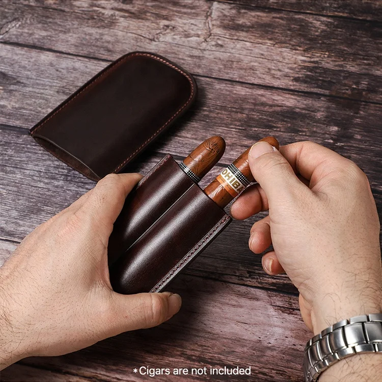 Personalised Custom Genuine Leather Cigar Case Handmade 2 Tube Travel Cigar Holder Box For Men