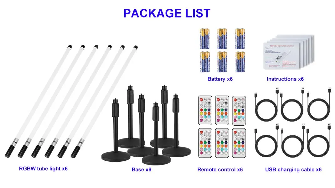 6pcs/set color changing rgb color light tube usb charging with remote control neon light party atmosphere light